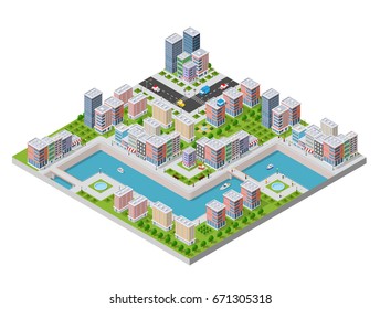 Isometric illustration of a city waterfront with a river, yachts and urban buildings and houses