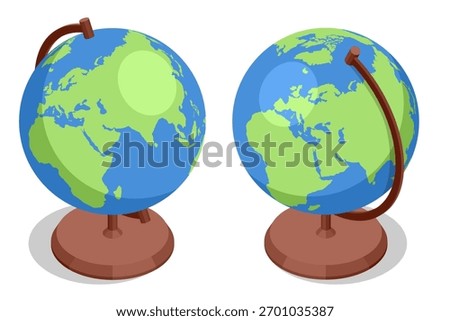 An isometric illustration of a classic desk globe on a stand, representing global communication, education, travel, geography, and world map concepts