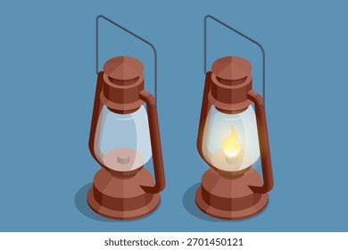 Ilustração isométrica de uma lâmpada de querosene clássica, simbolizando uma fonte de luz, vida rústica, iluminação vintage e equipamentos de acampamento ao ar livre