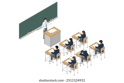 Isometric illustration: classroom (high school student with winter outfit)