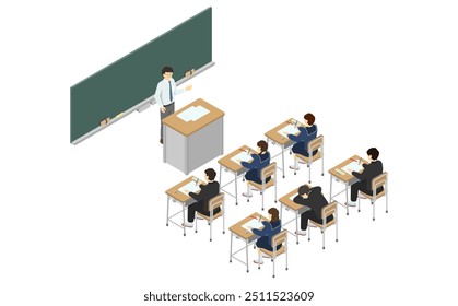 Isometric illustration: classroom (junior high school student with winter outfit)