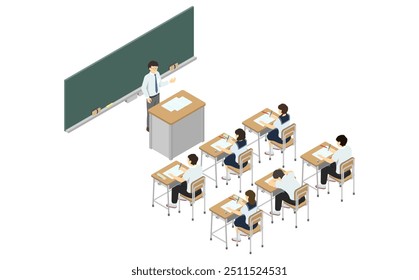 Isometric illustration: classroom (junior high school student with summer outfit)