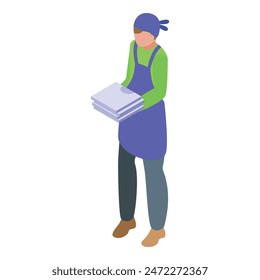 Isometric illustration of a cleaner wearing an apron and headscarf, holding towels