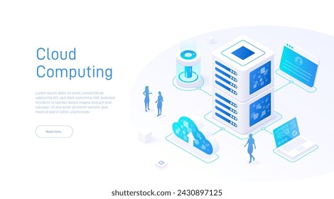 Ilustración isométrica de la computación en la nube. Ideal para eventos de ingeniería. Tecnología en la nube. Análisis de Big Data. Sala de servidores. Azul eléctrico.