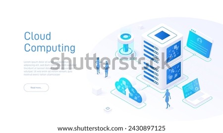 Isometric illustration of cloud computing. Perfect for engineering events. Cloud technology. Big data analysis. Server room. Electric blue.