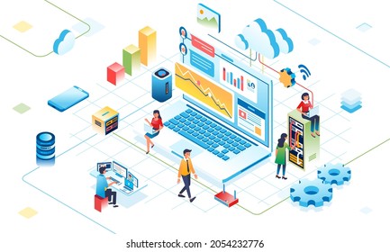isometric illustration of cloud digital activity on internet, metaphor of people working in cloud system with computer, server and internet connection. used for info graphic, website image and other