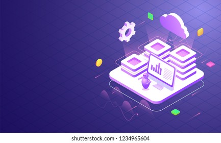 Isometrische Abbildung des Cloud-Servers, der mit lokalen Servern mit Desktop-PCs auf blauem Hintergrund für Rechenzentren oder Speicher verbunden ist.