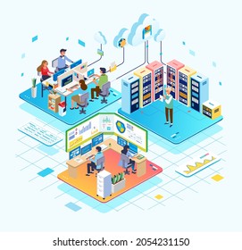 Isometric illustration of Cloud service database control, administrator working on database control room. used for info graphic, website image and other