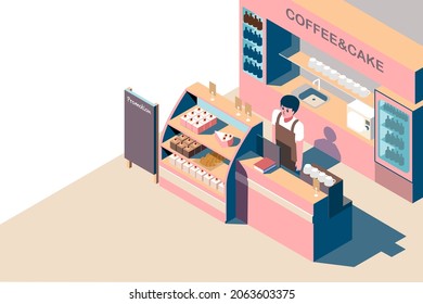 isometric illustration of coffee and cake shop in pink decorated. A waiter is standing in front of the cashier. Illustration for coffee drink banner.