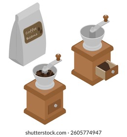 Isometric illustration: coffee grinder and coffee beans