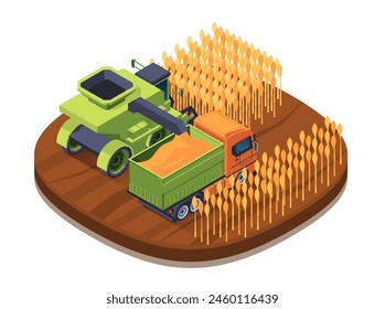 Isometrische Darstellung eines Mähdreschers und eines Lastwagens auf einem Weizenfeld, auf einem einfachen Hintergrund, der die Landwirtschaft darstellt. Vektorillustration