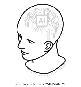 An isometric illustration combining a human brain and a chip to represent AI technology. Ideal for concepts like artificial intelligence, machine learning, data analysis, and future innovations.