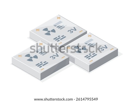 Isometric illustration of compact 3V nuclear batteries designed for long-term energy supply in isolated or remote electronic devices
