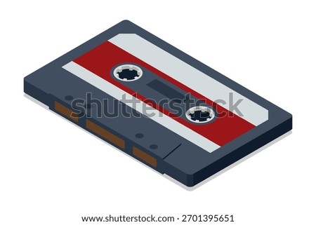 An isometric illustration of a compact audio cassette tape, a classic retro music format, representing 80s sound and obsolete music technology