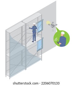 Se trata de una ilustración isométrica que compara si el estudio de pared exterior de un edificio o condominio se realiza mediante andamios o la inspección de drones.