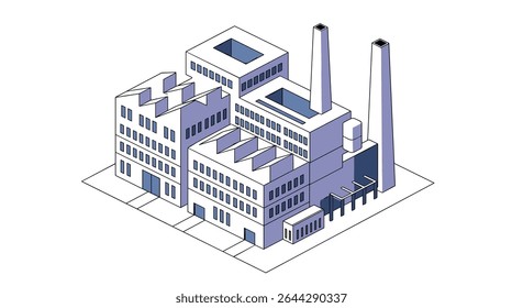 Isometric Illustration of Complex Industrial Factory Buildings with Chimneys for Manufacturing Processes