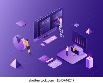 Isometric illustration of computer, analysts analysis the data with the help of infochart for Data Analysis concept based web template design.