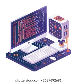 Isometric illustration of computer with circuit board design representing technology and coding