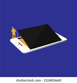Isometric illustration of computer and gadget with small people