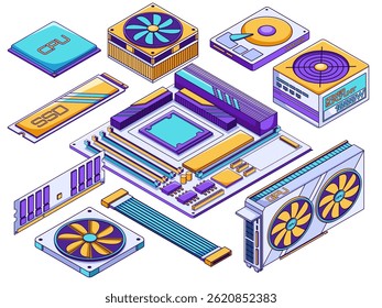 Isometric Illustration of computer hardware components including the CPU, GPU, RAM modules, motherboard, PSU, SSD, HDD, and cooling fan. 
Each part is arranged neatly to show the part of a compututer