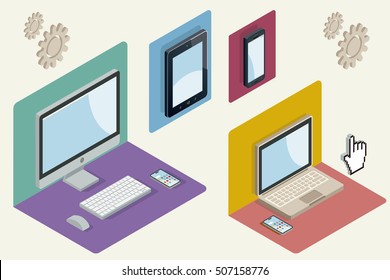 Isometric illustration with a computer, laptop, tablet and smartphone. Responsive web design concept. Vector illustration.