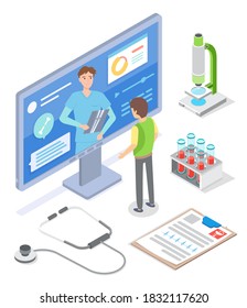 Isometric illustration of computer. Patient man looking at screen. Online consultation with doctor. Treatment and healthcare. Microscope, test tubes with blood, stethoscope, clipboard with anamnesis