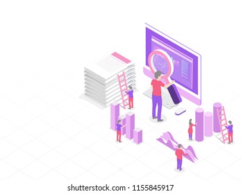Isometric illustration of a computer and working people analysis company growth with the help of magnifying glass, infographic elements for Data Analysis concept.