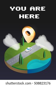 Isometric illustration concept. Aerial view, road, car, gps marker, you are here sign, river, clouds, trees. Flat 3d.