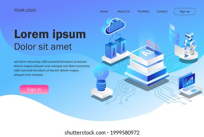 Isometric illustration concept. artificial intelligence cloud server and brain network