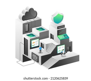 Isometric illustration concept. Building cloud data server network