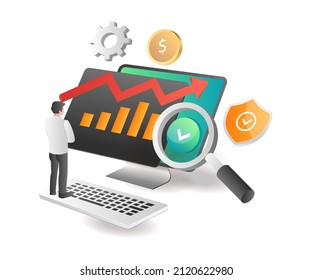 Isometric illustration concept. Business investment data analysis man