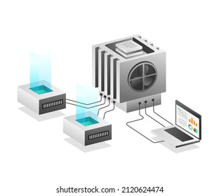 Concepto de ilustración isométrica. red de datos de servidor Chip