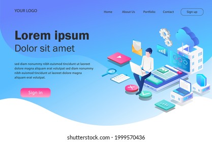 Isometric illustration concept. cloud server security smartphone applications and web developers