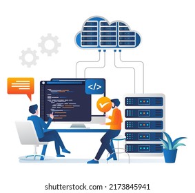 Isometric illustration concept Cloud server analyst programmer language