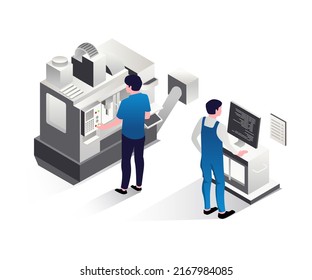Maschinenbediener und Programmierer für das Isometrische Illustrationskonzept CNC
