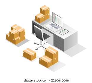 Isometric illustration concept. Computer desk storing warehouse goods data