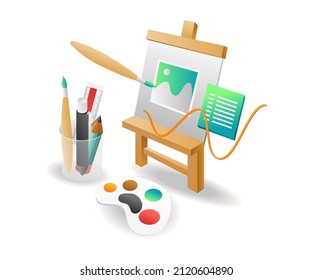 Isometric illustration concept. Creative painting on canvas with ink brush