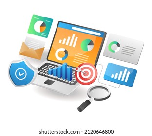Isometric illustration concept. Data analysis security network