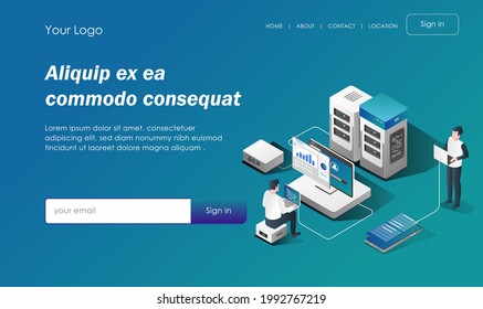 Concepto de ilustración isométrica. análisis y mantenimiento del centro de datos