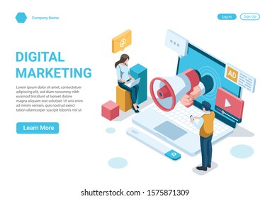 Isometric Illustration Concept Of Digital Marketing, Landing Page Vector Template