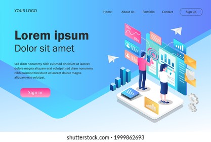 Isometrisches Illustrationskonzept. digitale Transformation, Seo-Optimierung und Webentwickler