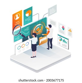 Isometric illustration concept. digital transformation and seo optimization