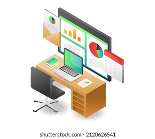 Isometric illustration concept. Enterprise data analysis work screen