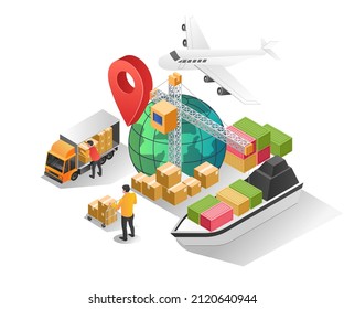 Isometric illustration concept. Expedition of land sea and air