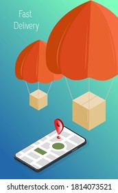Isometric illustration concept of fast delivery with boxes falling down on parachutes and smartphone with the map and location sign