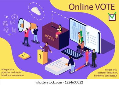 Isometric illustration concept. Group of people give online vote. Content for web page, banner, social media, documents, cards, posters, news.