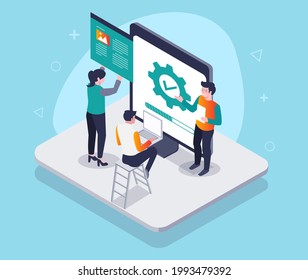 Isometrisches Illustrationskonzept. Web- und Ladeprozess installieren und hochladen