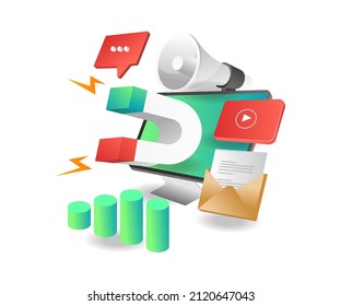 Isometrisches Illustrationskonzept. Magnet-Digital-Marketing-Strategie