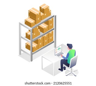 Isometric illustration concept. Man analyzing goods in warehouse