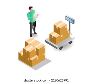 Isometric illustration concept. Man weighing goods in warehouse